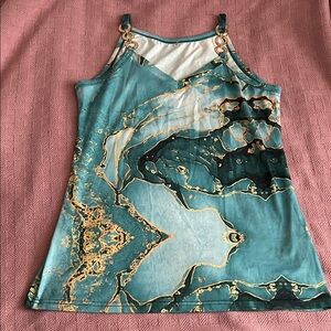 Teal Marble-Print V neck Tank Top with Gold Accents